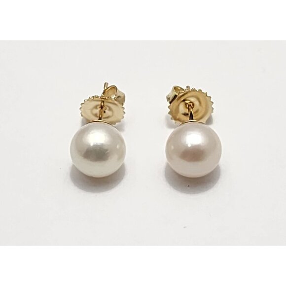Beautiful 14K Karat Solid Yellow Gold Designer Round Pearl Stud Earrings - Picture 2 of 16